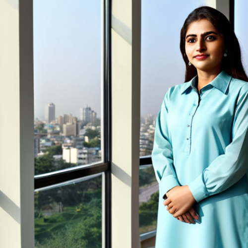 Home 14 **
A professional Pakistani businesswoman in a modest shalwar kameez, standing in a modern office in Karachi, fully clothed, appropriate attire, safe for work, perfect anatomy, natural proportions, professional photography, high quality. The background should include a view of the city skyline.
**