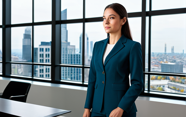 **
A professional woman in a modest business suit, standing in a modern office lobby with large windows overlooking a city skyline, fully clothed, appropriate attire, safe for work, perfect anatomy, natural proportions, corporate photography, high quality.
**