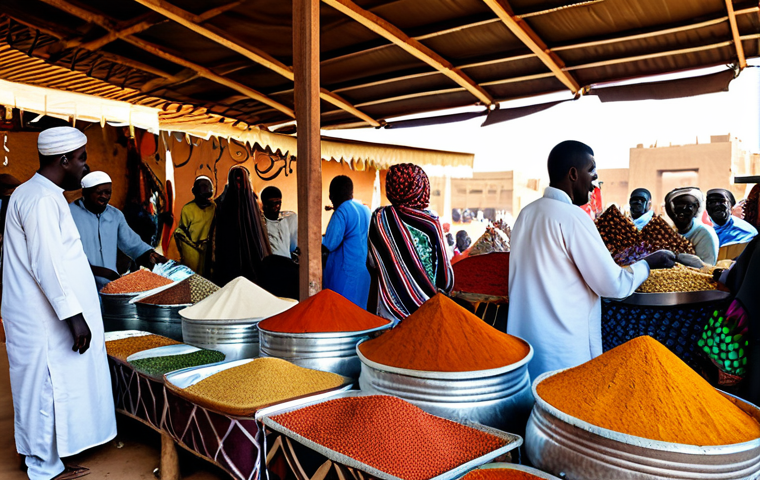 수단 시장과 쇼핑 문화 - Traditional Souk Scene**
"A bustling traditional Sudanese souk (market) scene, vendors displaying h...