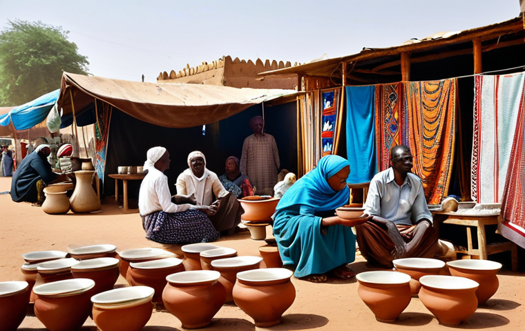 수단 차 문화 - **
A bustling Sudanese tea stall in a vibrant marketplace. Several fully clothed people are gathere...